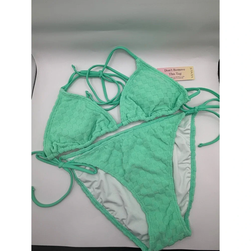 Venus Bikini Set Women XL Mint Green Textured Checkerboard Triangle Side Tie NEW